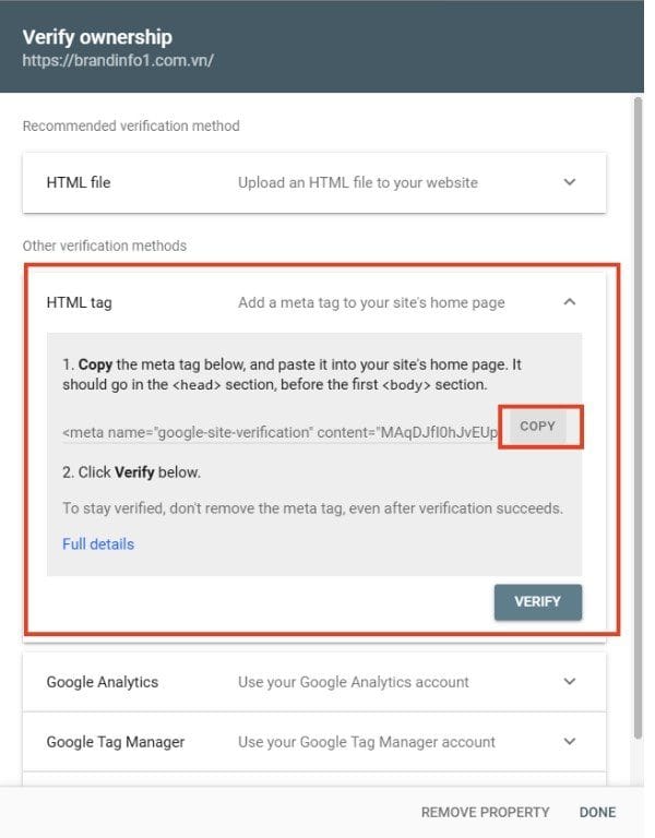 lấy mã html tag để xác minh