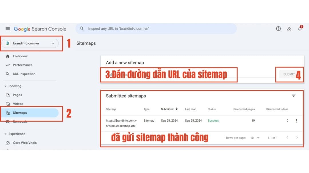gửi sitemap lên Google Search Console thành công