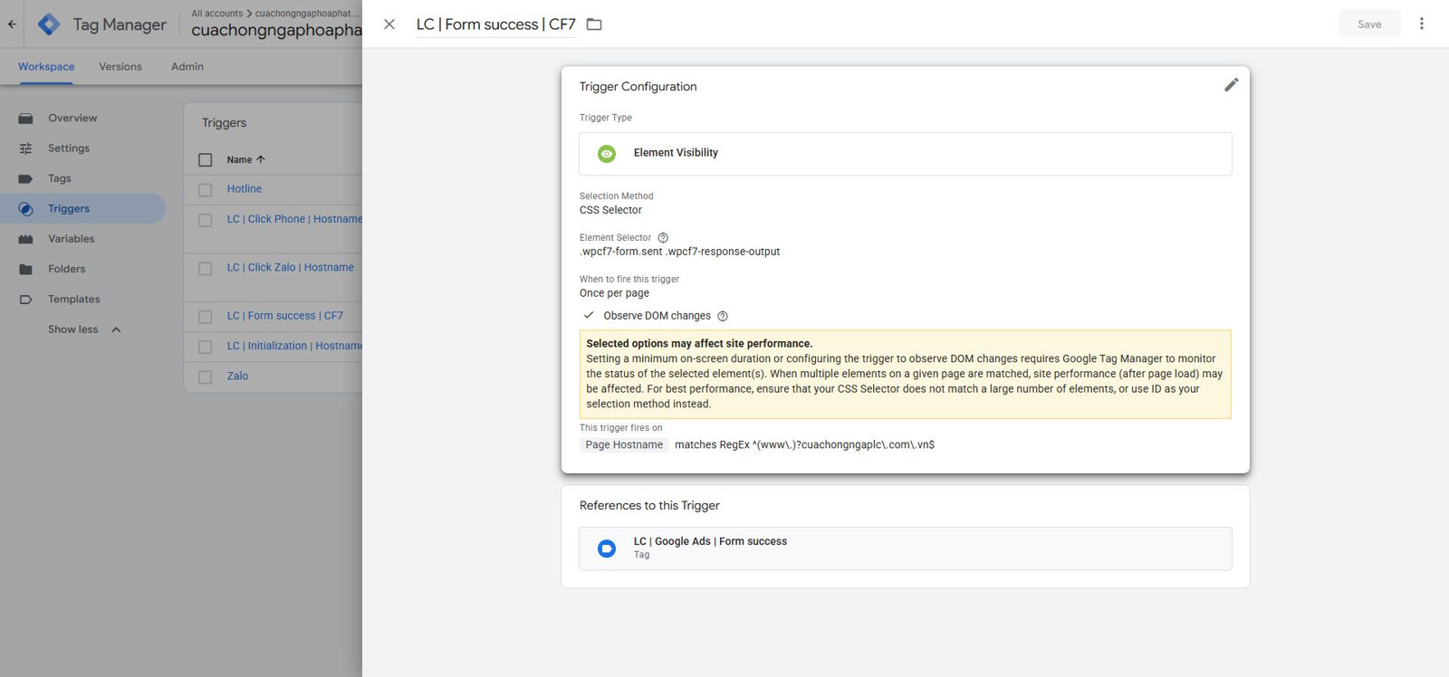 Ảnh chụp GTM: Element Visibility với CSS Selector .wpcf7-form.sent .wpcf7-response-output và Observe DOM changes